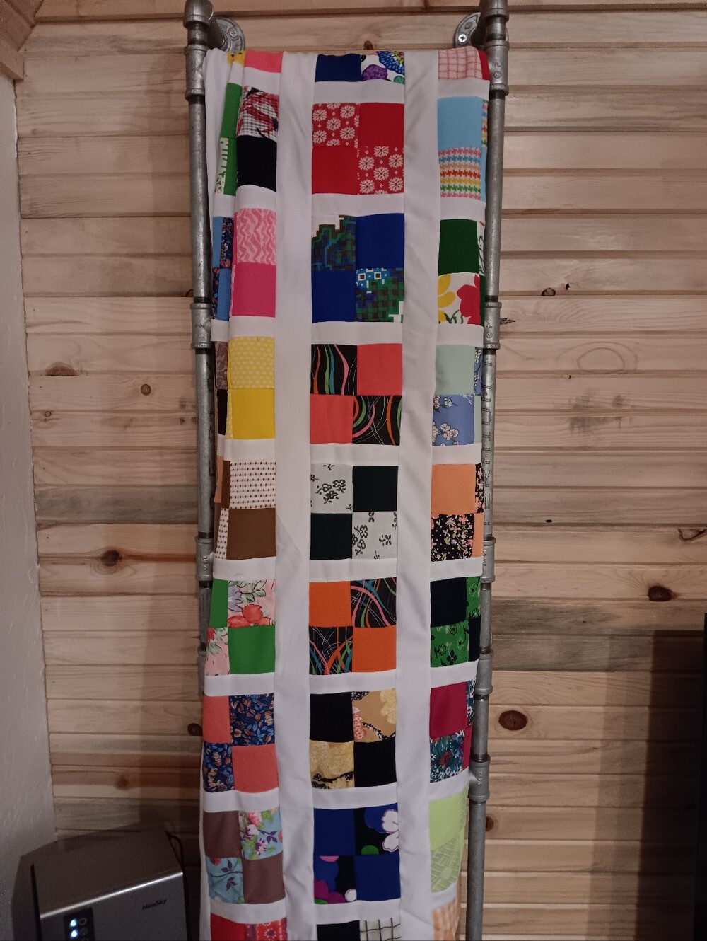 Vintage 74 X 100 Handmade White Sashed Multicolor Patchwork Quilt Top